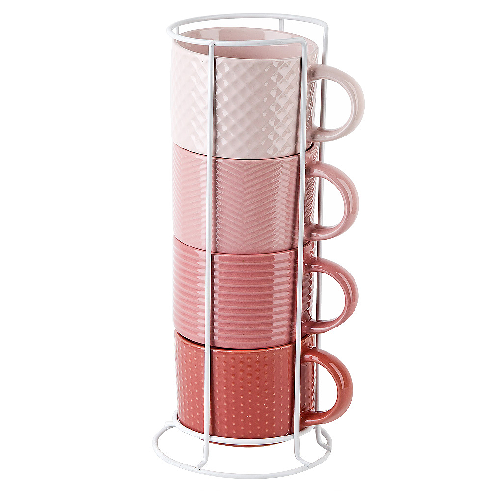 Набор из 4 кружек на подставке "Modern"(розовый) v= 320мл (керамика) (индивидуальная упаковка)