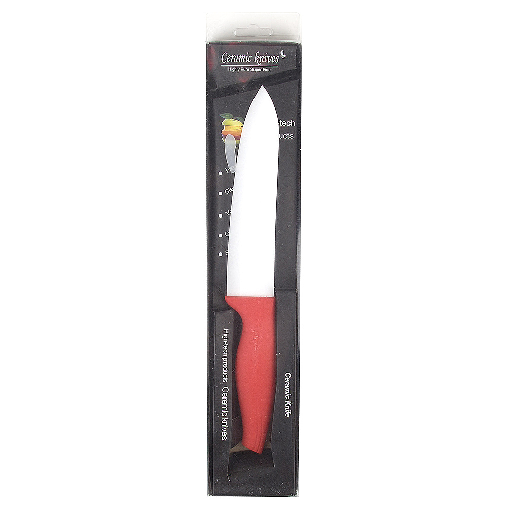 Нож керамический, белое лезвие с защитным элементом (15см), рукоятка красная 26,5*3,5*1,5см. 