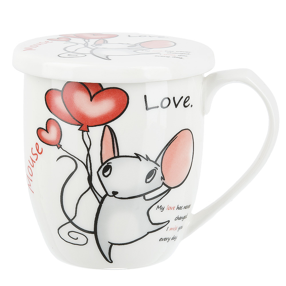 Кружка фарфоровая с крышкой (без фильтра) "Mouse love" v=360мл. (4вида) (подарочная упаковка)