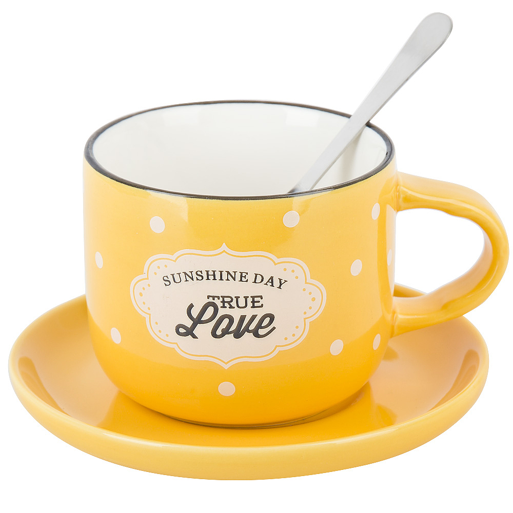 Чашка с блюдцем и ложкой "Sunshine day" (желтая) v=180 мл (подарочная упаковка)      