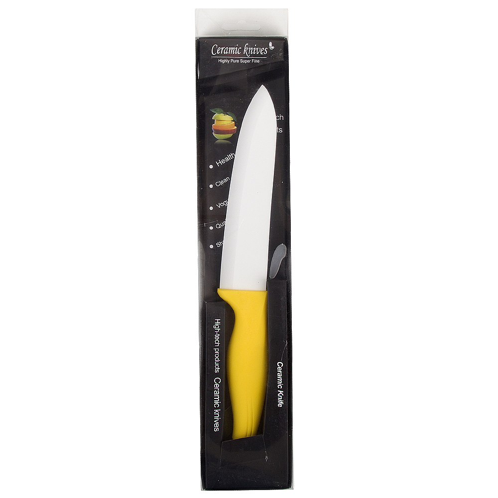 Нож керамический, белое лезвие с защитным элементом (15см), рукоятка желтая 26,5*3,5*1,5см. 