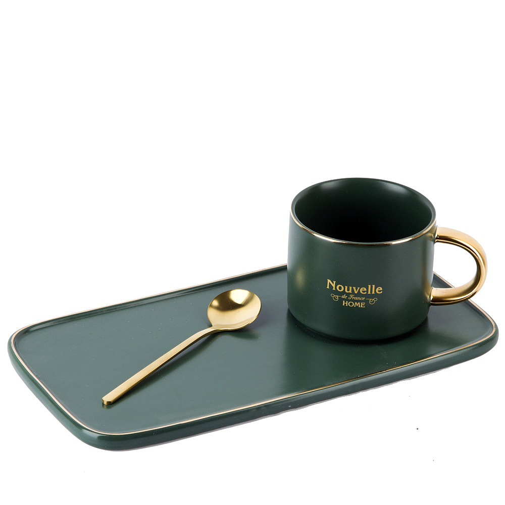 Чашка с блюдцем и ложкой "Coffee set" (зеленая) v=200 мл (подарочная упаковка)               