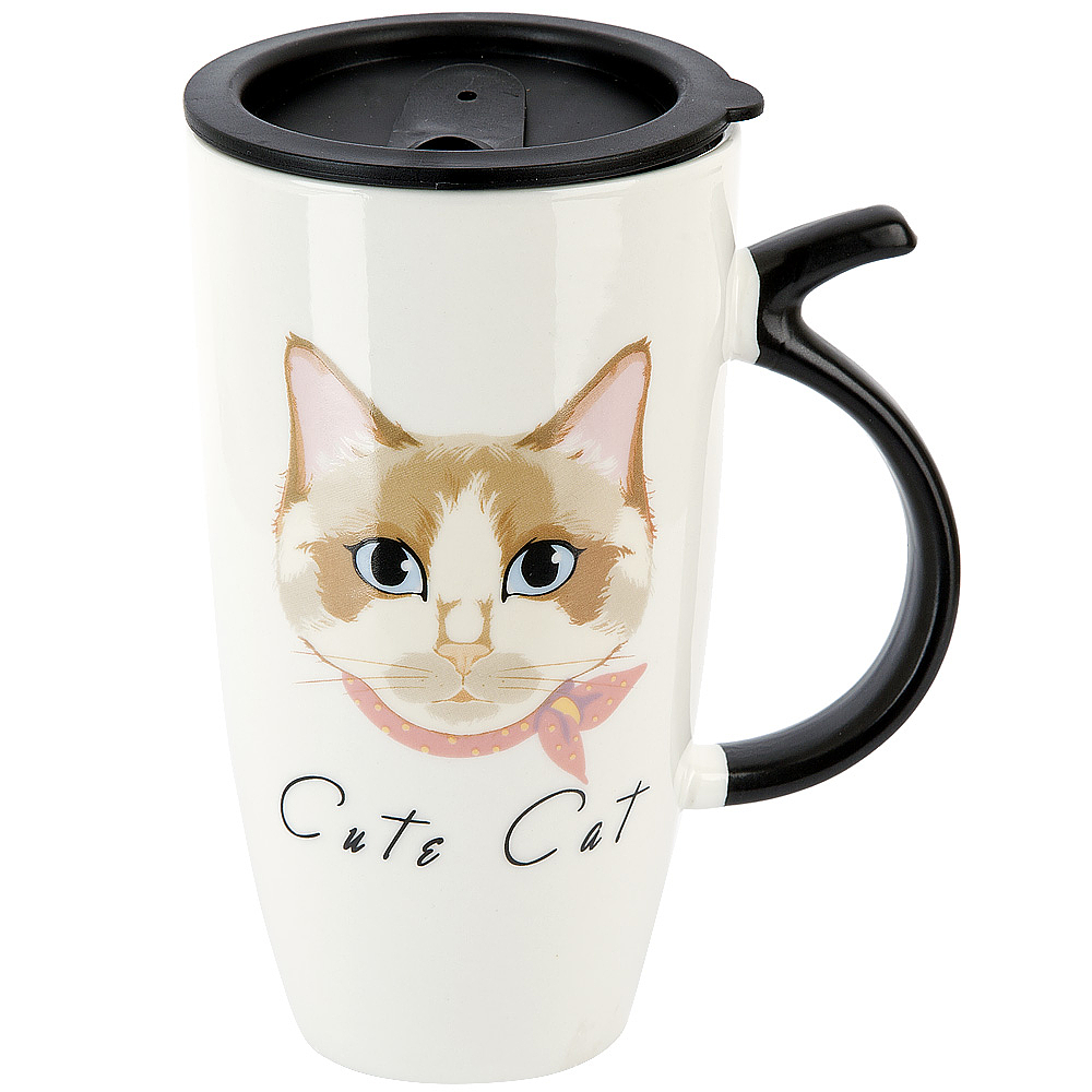Кружка с крышкой "Cute cat" (розовая) v=600 мл (подарочная упаковка)