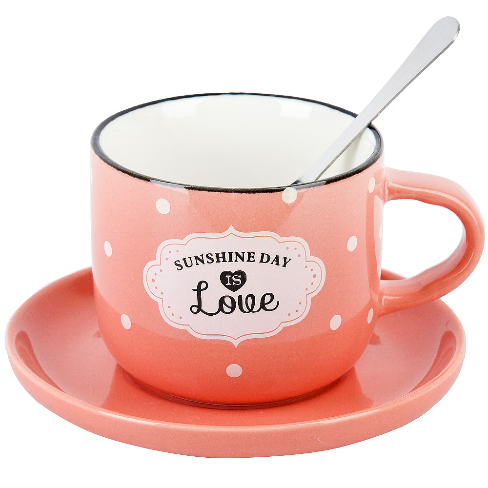 Чашка с блюдцем и ложкой "Sunshine day" (розовая) v=180 мл (подарочная упаковка)      