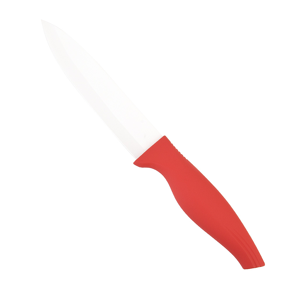 Нож керамический, белое лезвие с защитным элементом (12,5см), рукоятка красная 25*3*1см. 