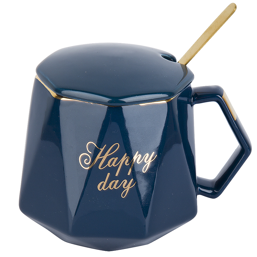 Кружка фарфоровая с крышкой и ложкой "Happy day" (синяя) v=420 мл (подарочная упаковка)