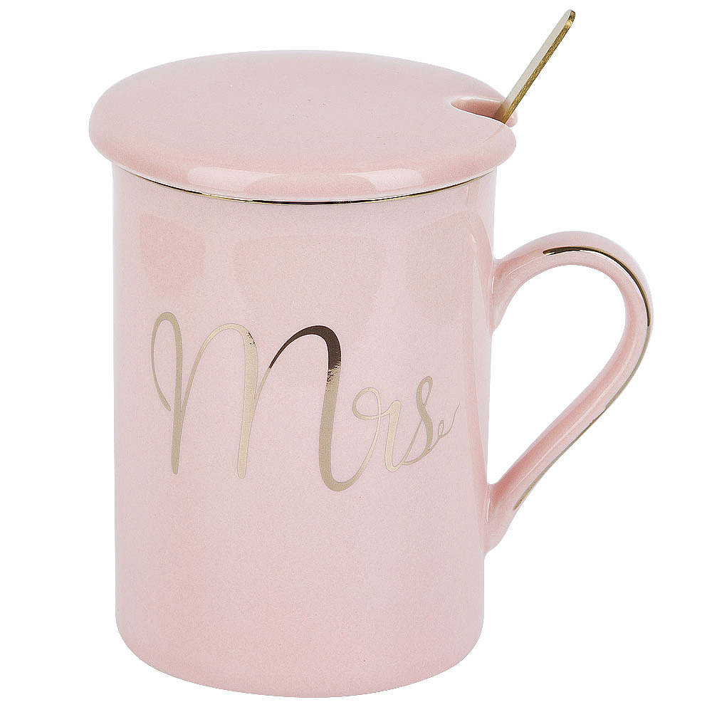 Кружка фарфоровая с крышкой и ложкой "Mrs" (розовая) v=340 мл (подарочная упаковка)