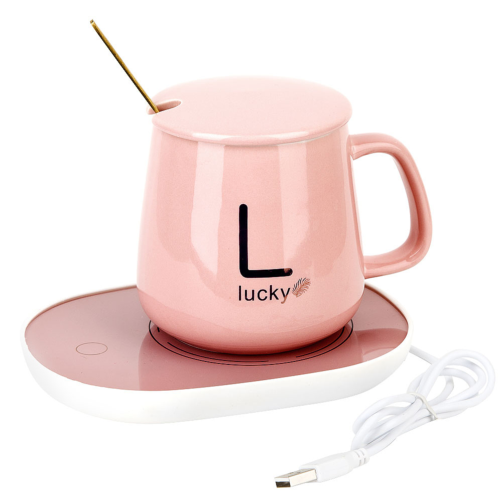 Кружка с крышкой и ложкой "Lucky" (розовая) v=440 мл с подогревом, работает от USB