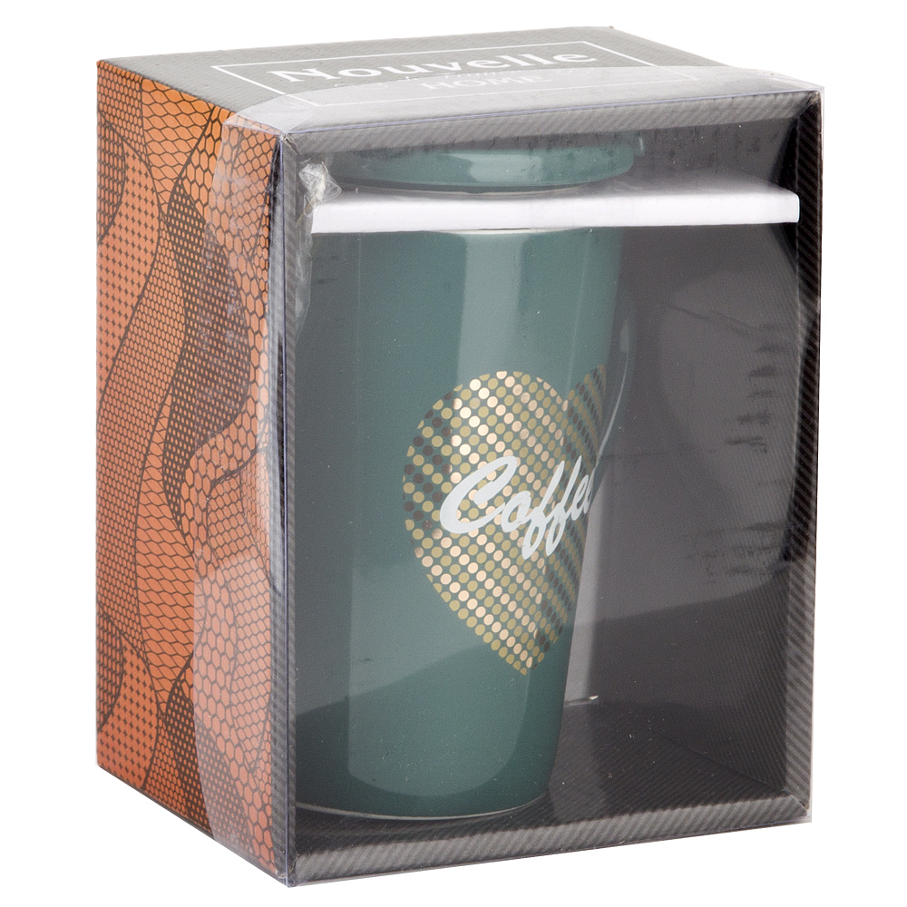 Кружка фарфоровая с крышкой и ложкой "Coffee" (зеленая) v= 410мл. (подарочная упаковка)