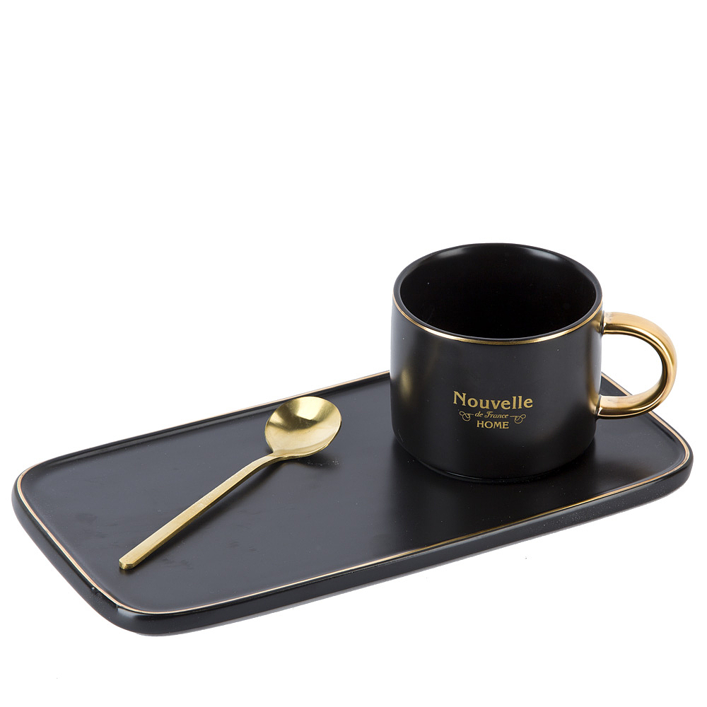 Чашка с блюдцем и ложкой "Coffee set" (черная) v=200 мл (подарочная упаковка)               