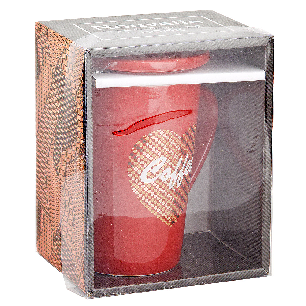 Кружка фарфоровая с крышкой и ложкой "Coffee" (красная) v= 410мл. (подарочная упаковка)