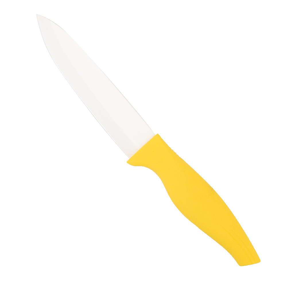 Нож керамический, белое лезвие с защитным элементом (12,5см), рукоятка желтая 25*3*1см. 